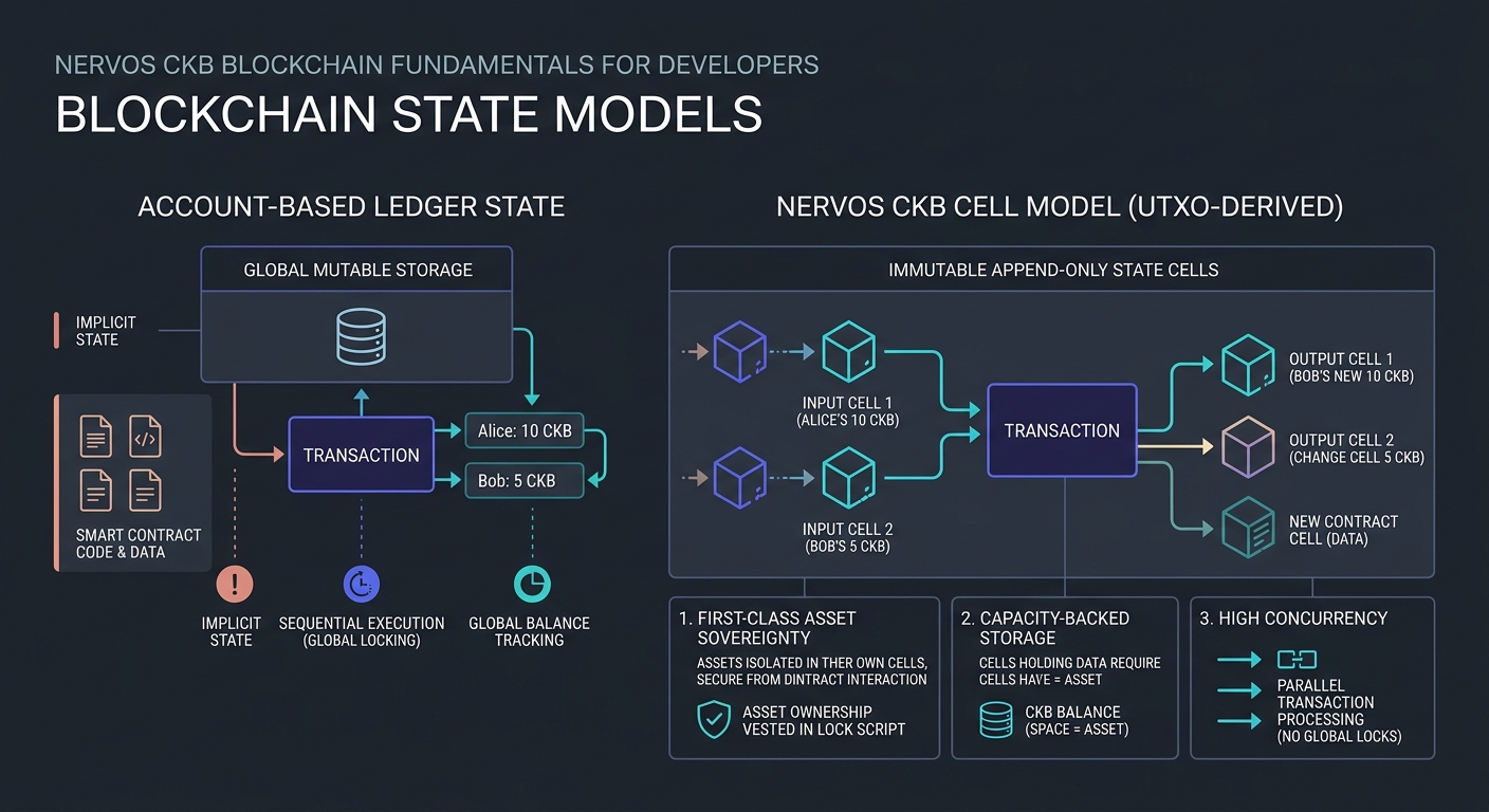 Conceptual diagram illustrating Blockchain State Models: In this lesson, the learner contrasted account-based ledger states with the UTXO-derived Cell Model used by Nervos CKB. Key concepts covered
