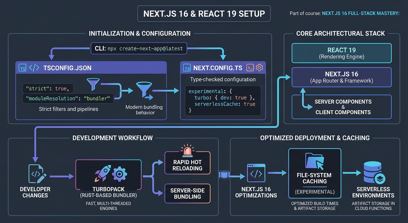 Conceptual diagram illustrating Next.js 16 & React 19 Setup: In this lesson, the learner initialized a Next.js 16 application integrated with React 19 and configured strict TypeScript compiler options